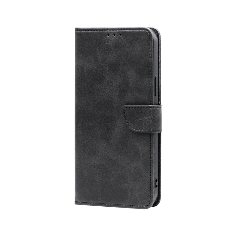 Calf-texture flip leather phone case, black with front flap and stitched buckle tab