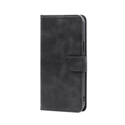 Calf-texture flip leather phone case, black with front flap and stitched buckle tab