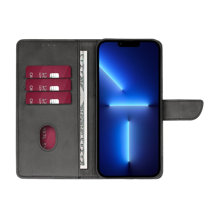 Calf-texture flip leather phone case opened, black with card slots and camera cutout