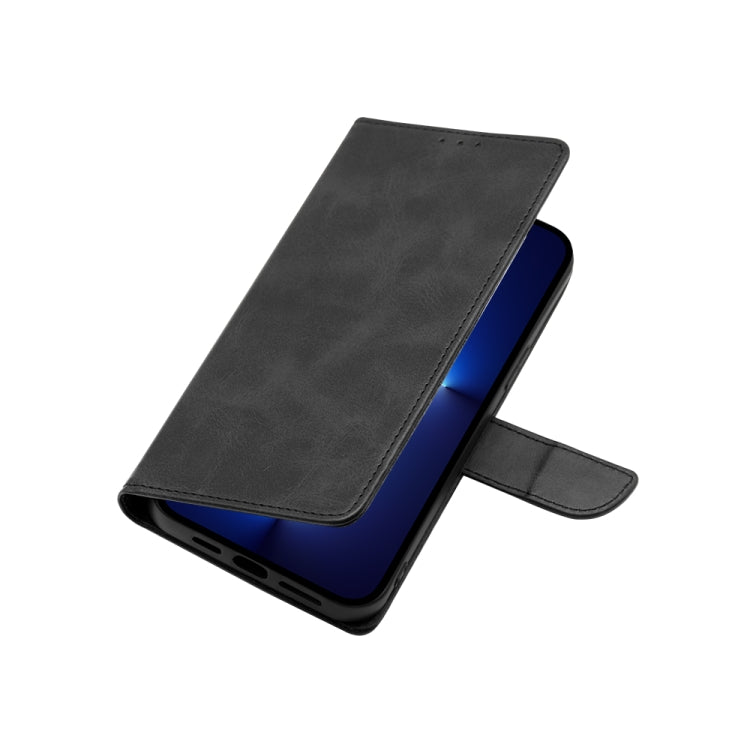 Calf-texture flip leather phone case, black open with strap arm for standing