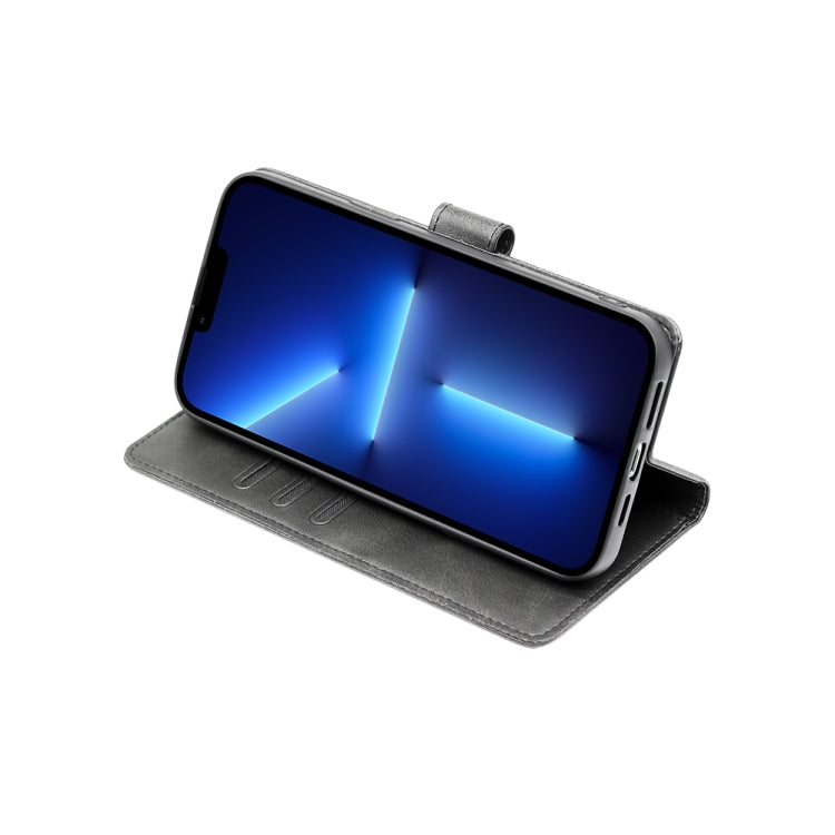 Calf-texture flip leather phone case, black with open stand holding the phone