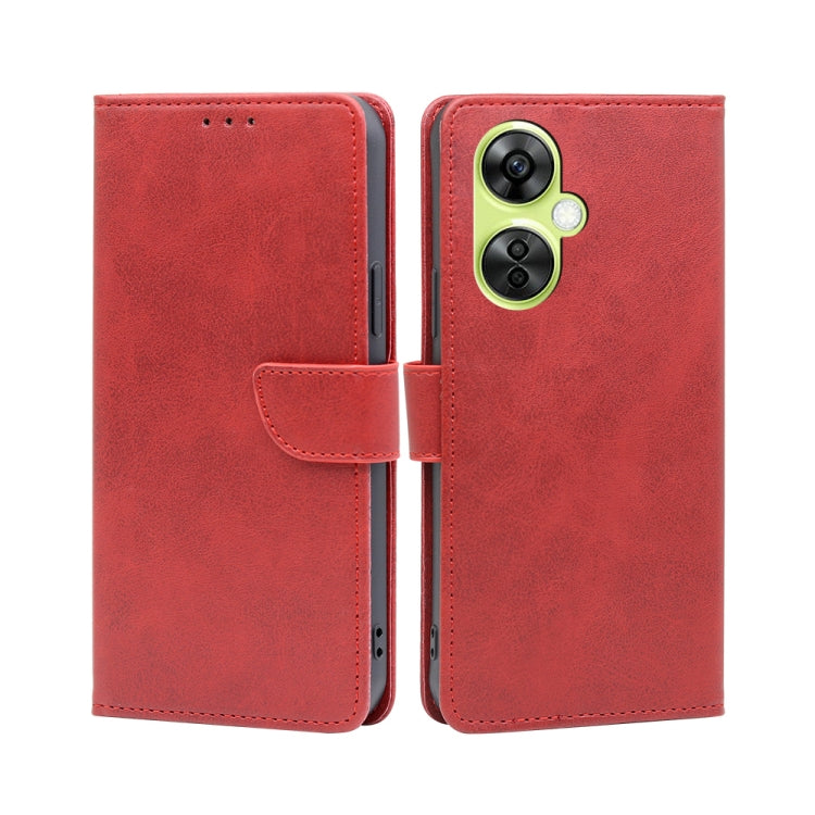 Calf-texture buckle flip leather phone case, red with front flap and center strap