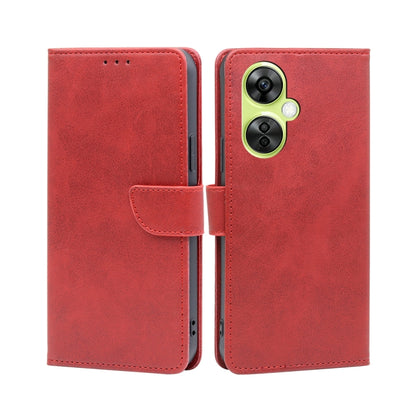 Calf-texture buckle flip leather phone case, red with front flap and center strap
