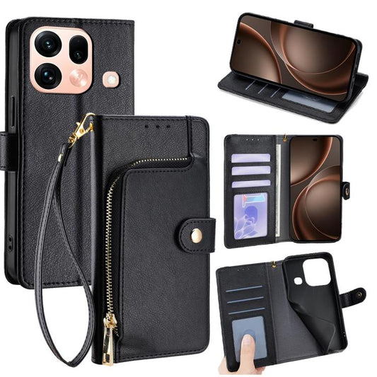 Black leather zipper wallet phone case with wrist strap, card slots, and magnetic flap