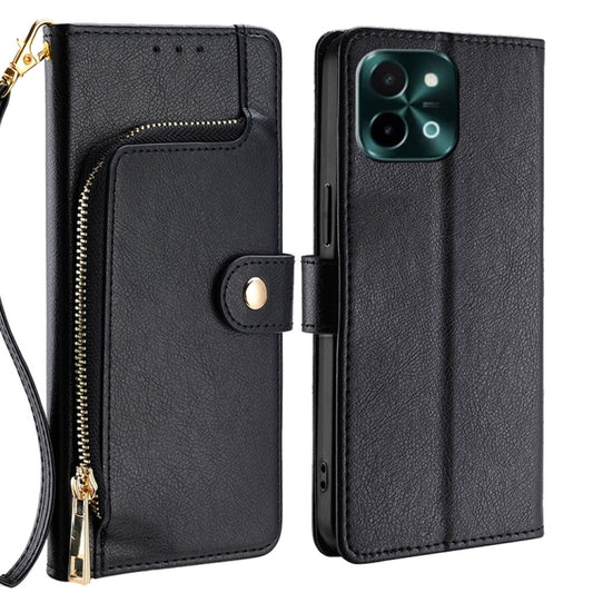 Black leather zipper phone wallet case with wrist strap and snap holder
