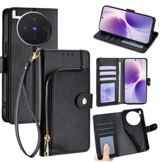 Black leather zipper phone case with card slots, wrist strap, and folio front cover