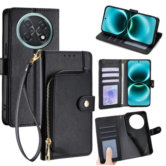 Black leather zipper phone case wallet with wrist strap, card slots, and flip cover