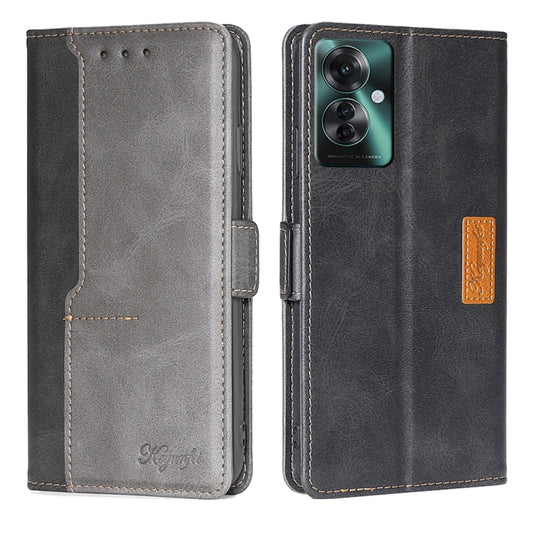 Contrast leather wallet phone case with side buckle, dark gray exterior and light gray interior