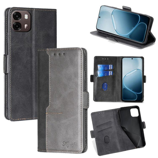 Leather wallet phone case with side buckle, black outer and grey inner pocket lining.