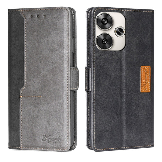 Leather wallet phone case with flip cover, side buckle, dark gray and black stitching
