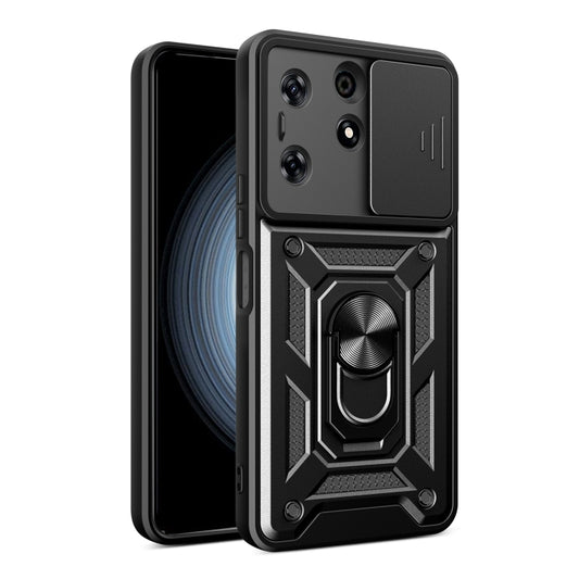 Black TPU+PC phone case with sliding camera cover and built-in ring stand