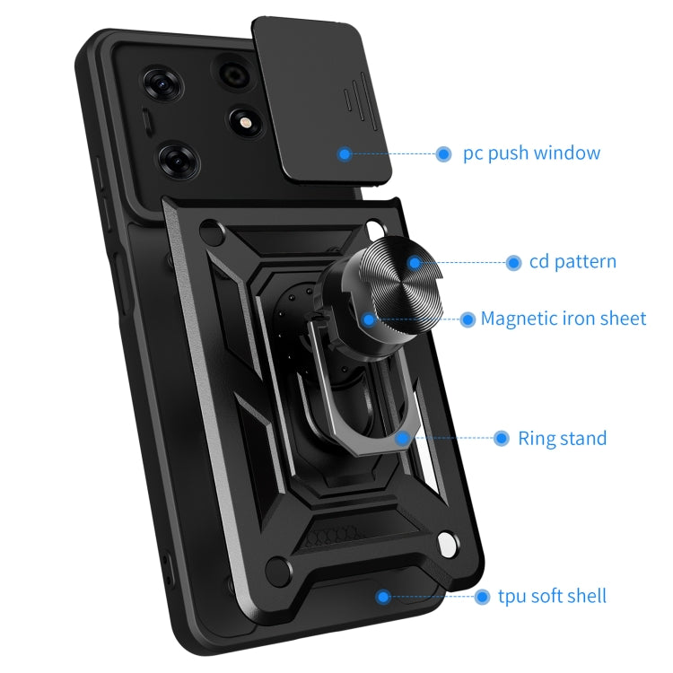 Black TPU+PC phone case with sliding camera cover, ring stand, and magnetic sheet