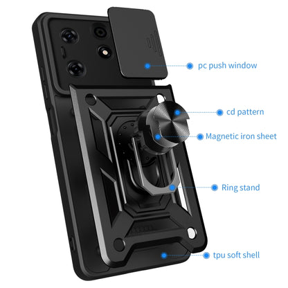 Black TPU+PC phone case with sliding camera cover, ring stand, and magnetic sheet