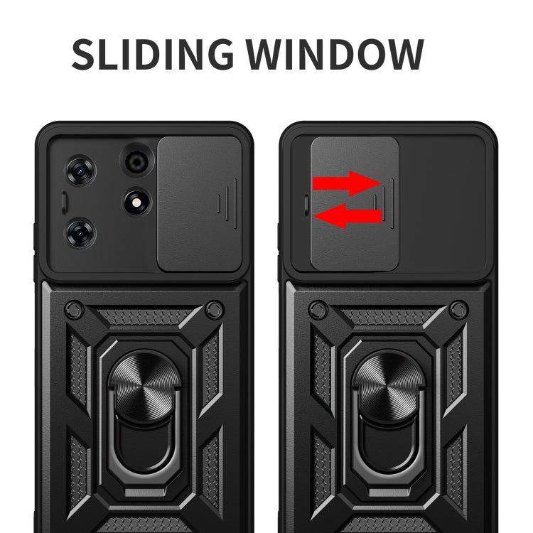 Black TPU+PC phone case with sliding camera cover window in open and closed views