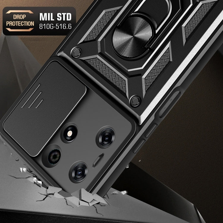 Black TPU+PC phone case with textured armor design and sliding camera cover