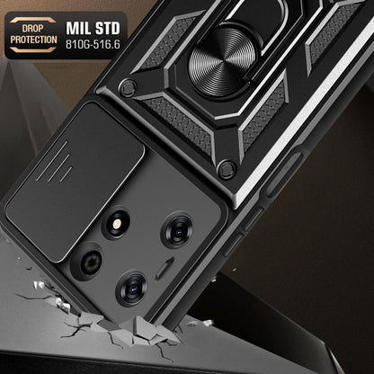 Black TPU+PC phone case with textured armor design and sliding camera cover