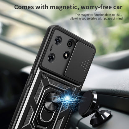 Black TPU+PC phone case with sliding camera cover and magnetic ring stand