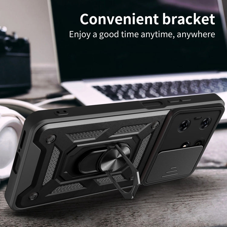 Black TPU+PC phone case with kickstand bracket and sliding camera cover