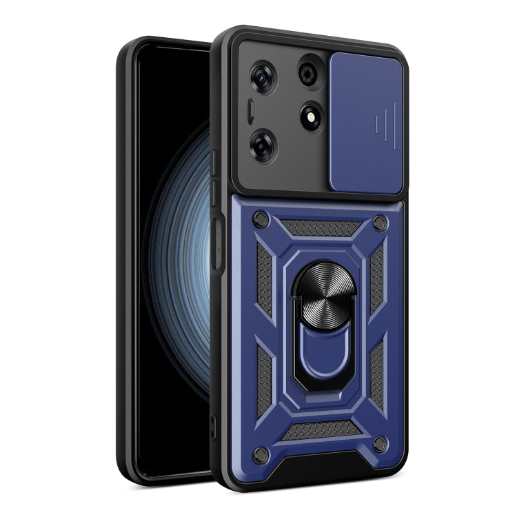 Black phone case with sliding camera cover, blue accents, and rugged armor style