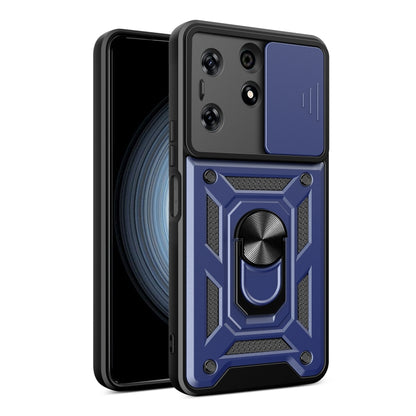 Black phone case with sliding camera cover, blue accents, and rugged armor style