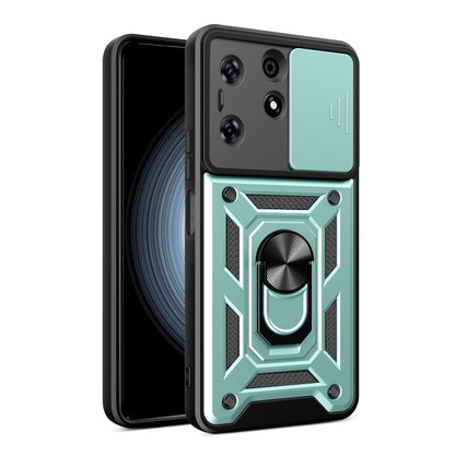 Black phone case with sliding camera cover and mint-green rugged armor design