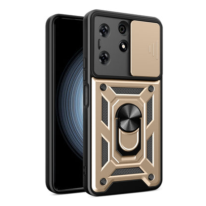 Black phone case with sliding camera cover and gold-toned rugged armor design