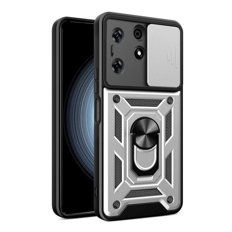 Black phone case with sliding camera cover and silver-toned rugged armor design