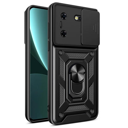 Black TPU+PC phone case with sliding camera cover and ring stand