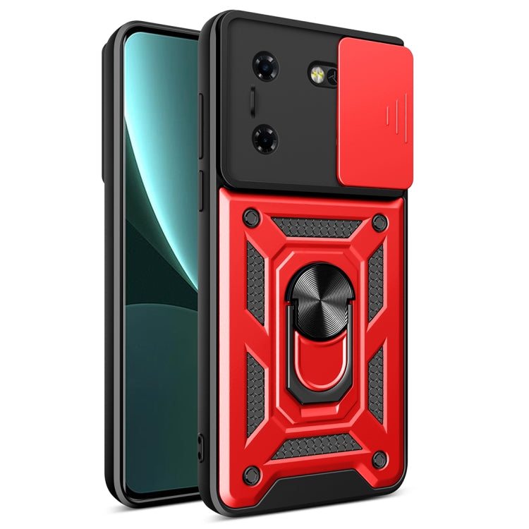 Red TPU+PC phone case with sliding camera cover and ring stand