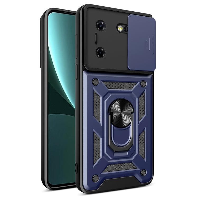 Black phone case with sliding camera cover and blue geometric armor design