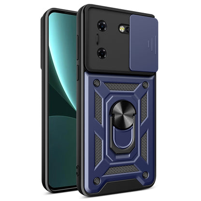 Black phone case with sliding camera cover and blue geometric armor design