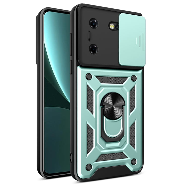 Black phone case with sliding camera cover and teal geometric armor frame