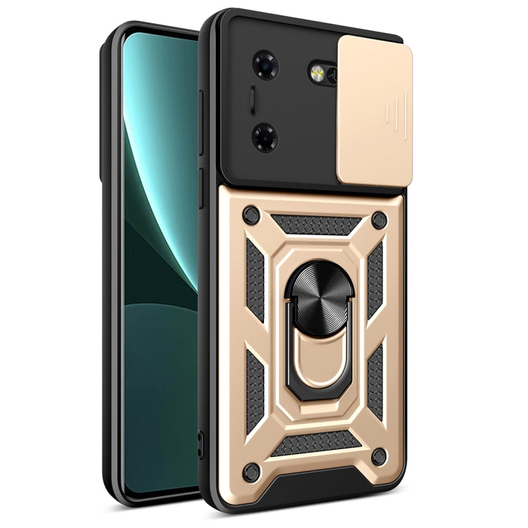 Black phone case with sliding camera cover and beige armor design with ring detail