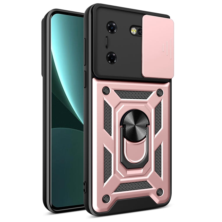 Black phone case with sliding camera cover and pink rugged armor design