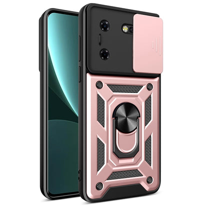 Black phone case with sliding camera cover and pink rugged armor design