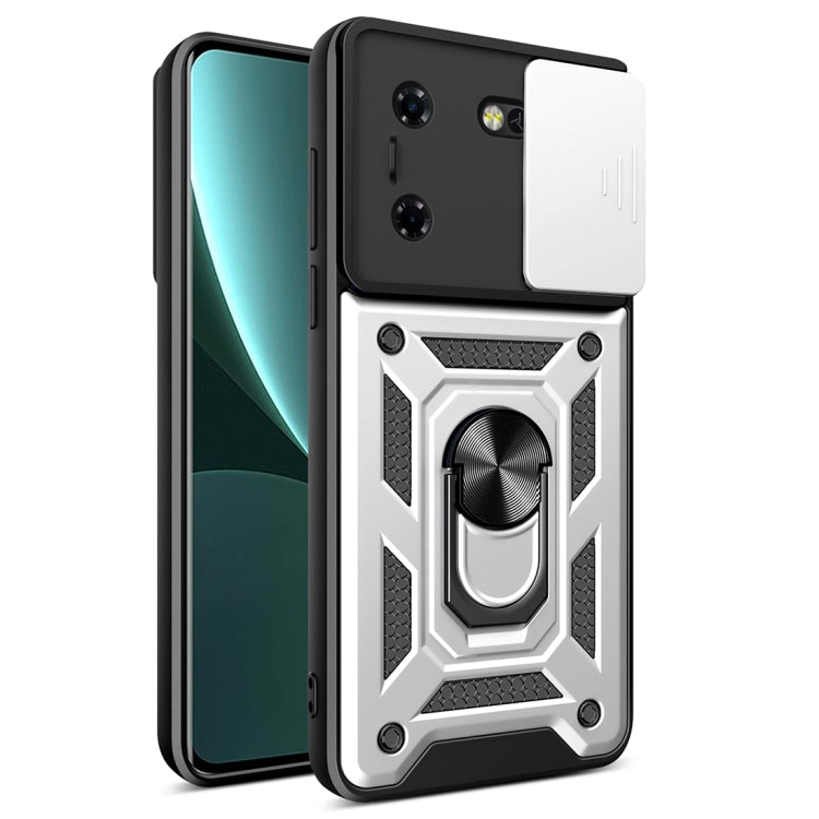 Black phone case with sliding camera cover and white rugged armor design