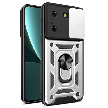 Black phone case with sliding camera cover and white rugged armor design