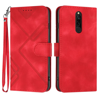Red leather wallet phone case with geometric pattern, camera cutout, and wrist strap