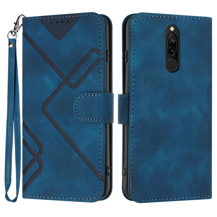 Blue leather wallet phone case with wrist strap, card slot, and geometric pattern
