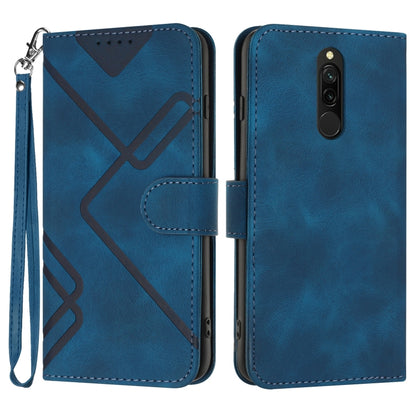 Blue leather wallet phone case with wrist strap, card slot, and geometric pattern