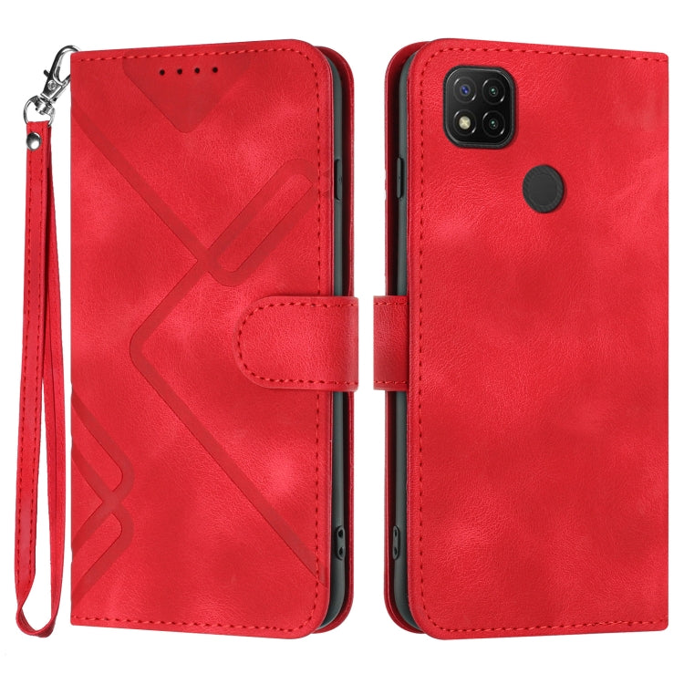 Red leather-look wallet phone case with wrist strap and geometric pattern, dual-view.