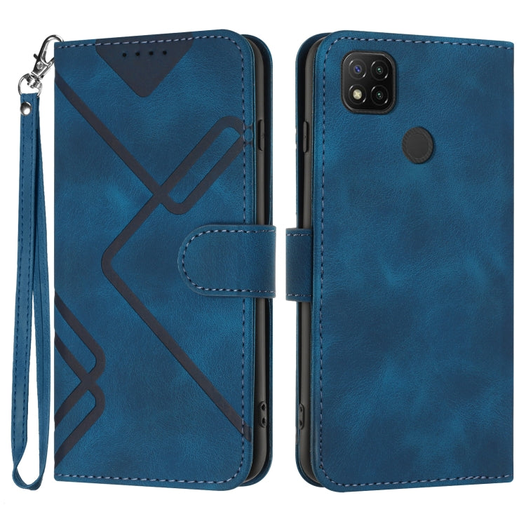 Blue leather-look wallet phone case with wrist strap and geometric pattern, dual-view.