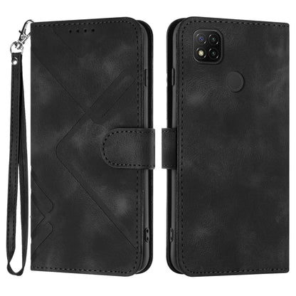 Black leather-look wallet phone case with wrist strap and geometric pattern, dual-view.