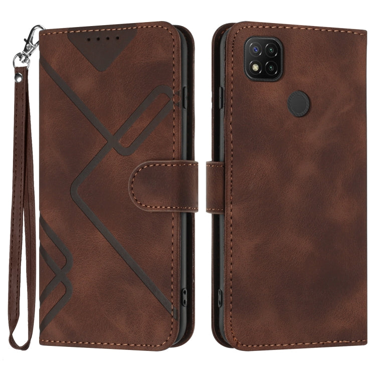 Coffee-brown leather-look wallet phone case with wrist strap and geometric pattern, dual-view.