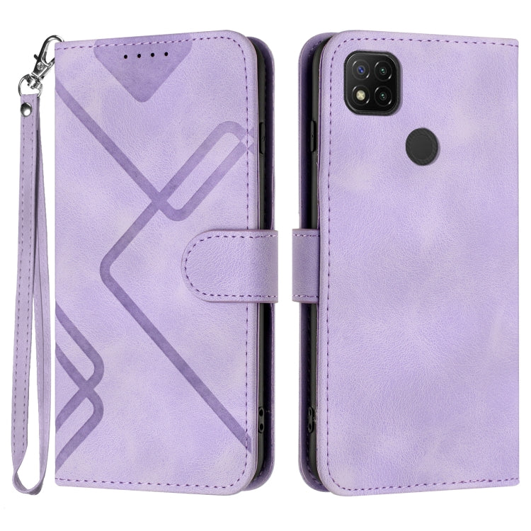 Lavender leather-look wallet phone case with wrist strap and geometric pattern, dual-view.