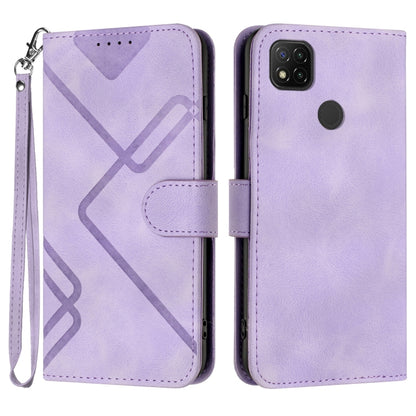 Lavender leather-look wallet phone case with wrist strap and geometric pattern, dual-view.