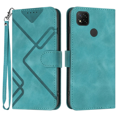 Aqua teal leather-look wallet phone case with wrist strap and geometric pattern, dual-view.