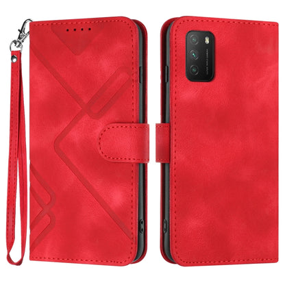 Red leather-texture folio phone case with geometric pattern, wrist strap, card slot flap