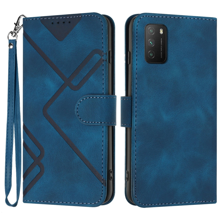 Blue leather-texture folio phone case with geometric pattern, wrist strap, card slot flap