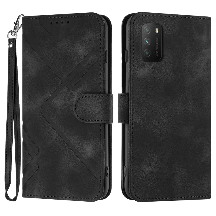 Black leather-texture folio phone case with geometric pattern, wrist strap, card slot flap
